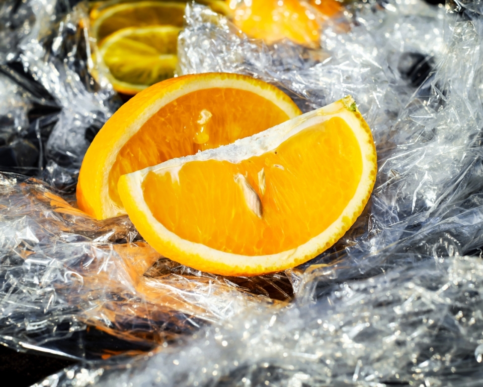 黑色背景保鲜膜上新鲜切开橙子水果摄影