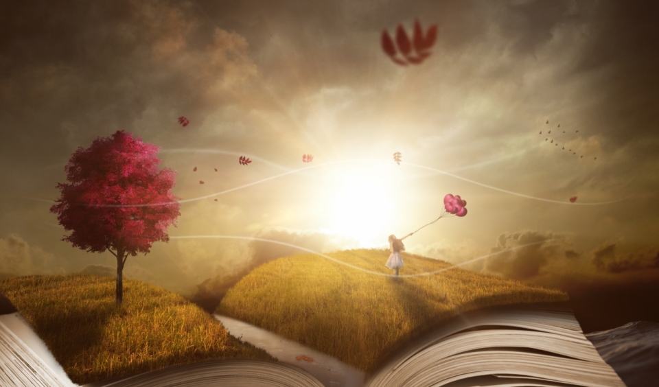 拿气球的小女孩站在书本草地上逆光插画