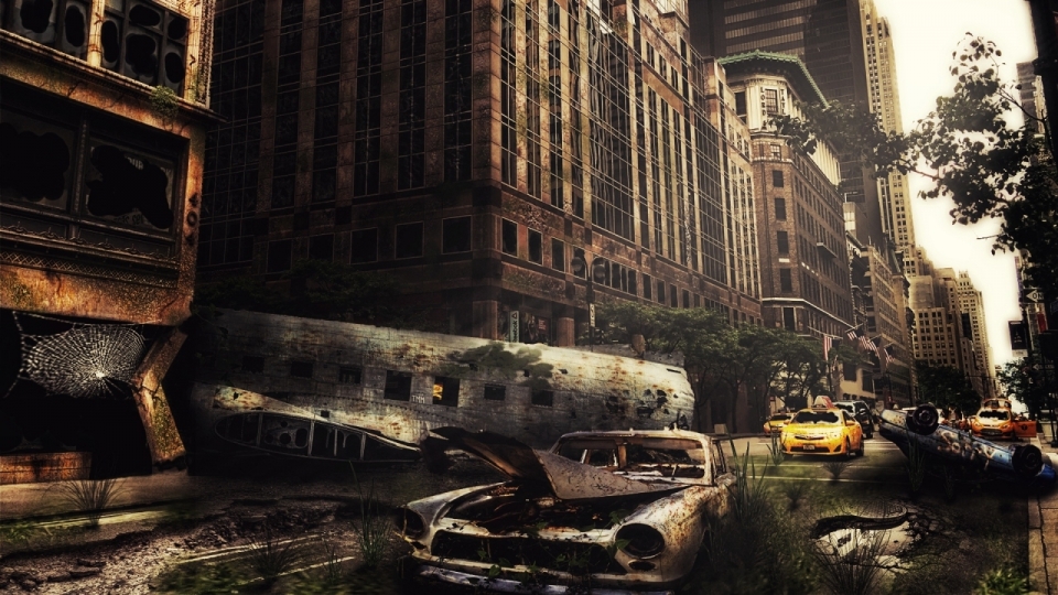 世界末日破败的高楼大厦和废弃车辆