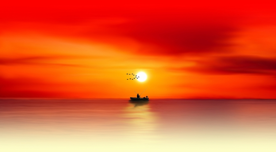 火红色湖泊火烧云夕阳自然美景