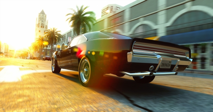 夕阳下行驶在公路上的黑色肌肉车