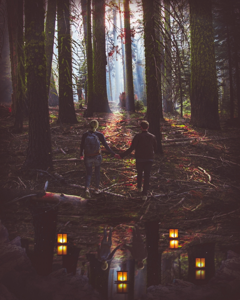 昏暗森林中一起手拉手走向光明的情侣