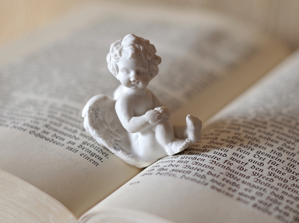 坐在书本上的白色小天使雕塑特写摄影