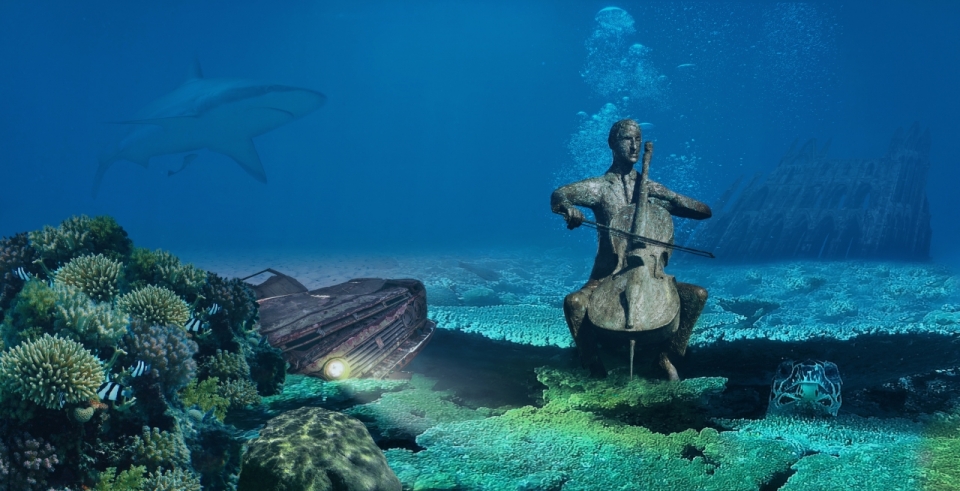 奇幻深海海底男性雕像废弃轿车
