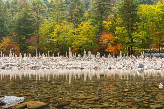 在清澈的小河岸边成片的玛尼堆