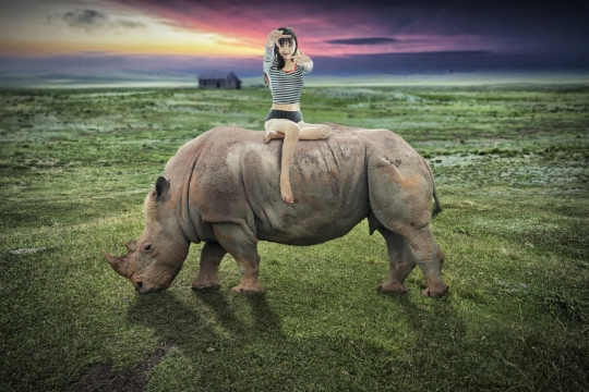 傍晚户外自然草坪上骑犀牛女性