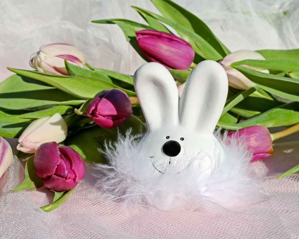 室内郁金香植物前白色兔子毛绒玩具