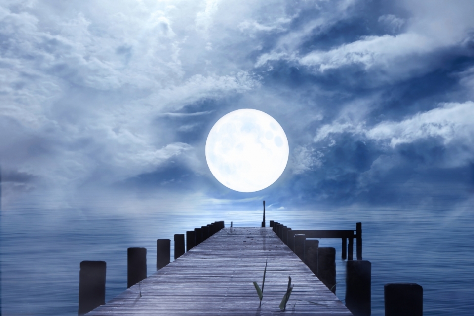 宁静湖泊的港口前天空中一轮明月