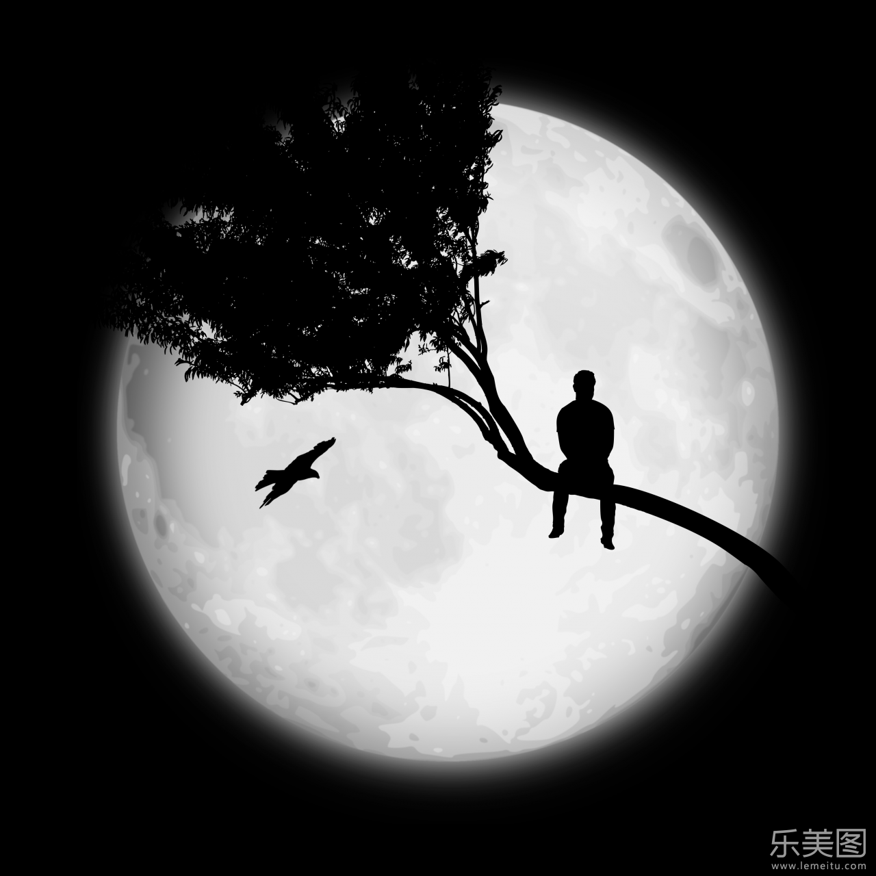 在黑夜巨大的月亮下有着一个孤单的人影坐在树枝上,黑白颜色与构图让