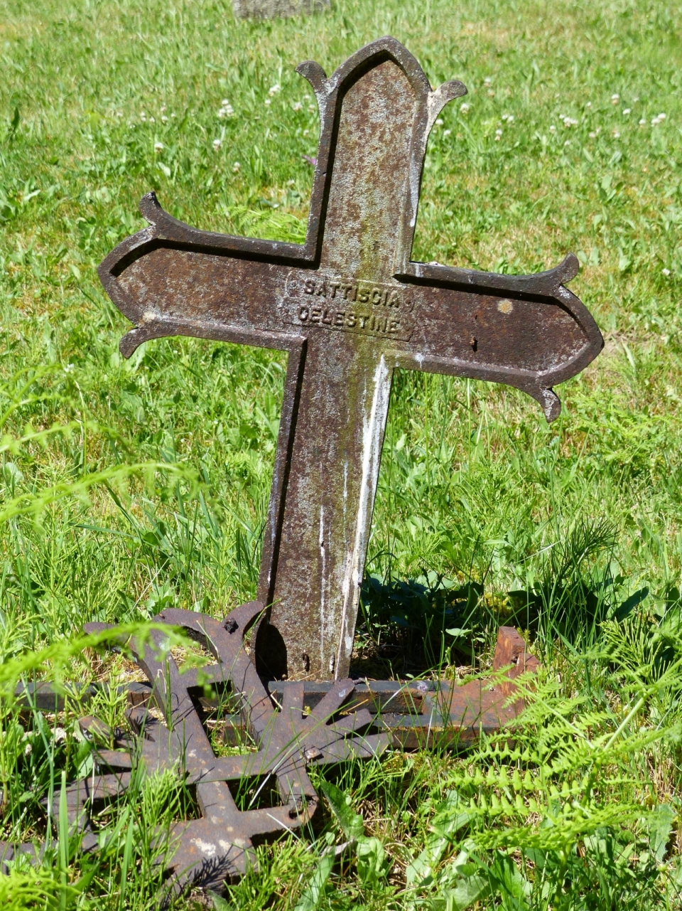 杂草丛生的荒凉草地上插着的铁质十字架