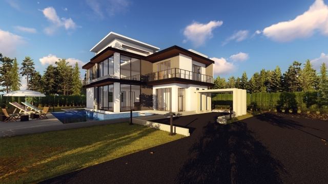 蓝天白云绿树包围的别墅泳池建筑摄影