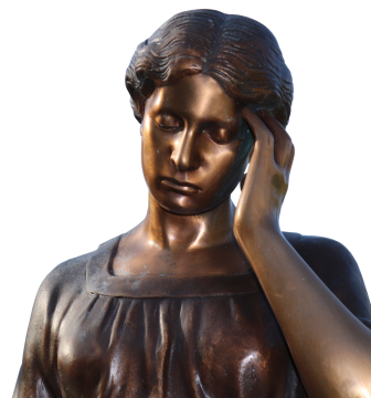 白色背景前一座手捂着太阳穴正闭着眼的女子铜像