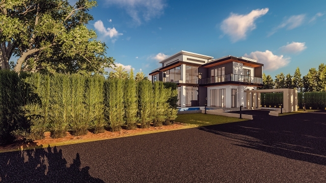 蓝天白云别墅建筑前种植的绿色植物