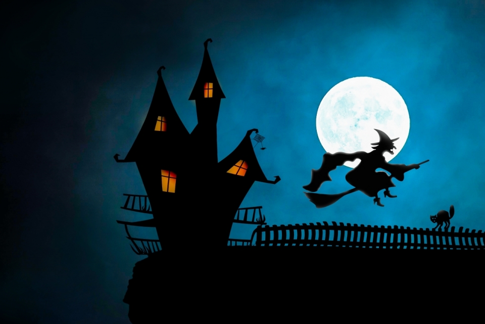 月光下的城堡和女巫创意插画
