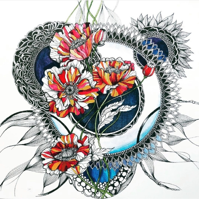 线描与水彩花卉装饰画绘画素材图片
