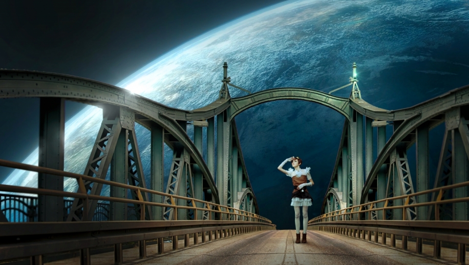 奇幻宇宙太空桥梁站立女性