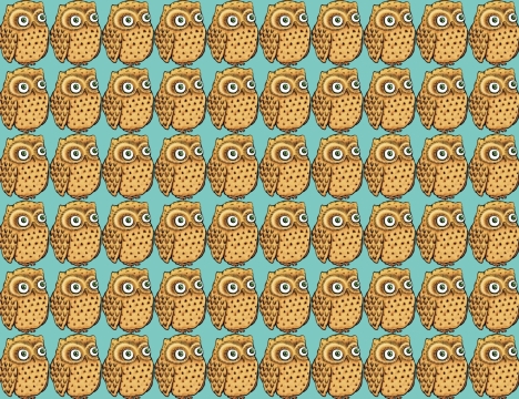 蓝色背景下排列的黄色猫头鹰卡通形象