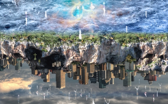 倒影城市房子镜像湖泊