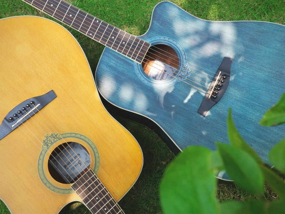 草坪上的蓝色吉他和黄色吉他