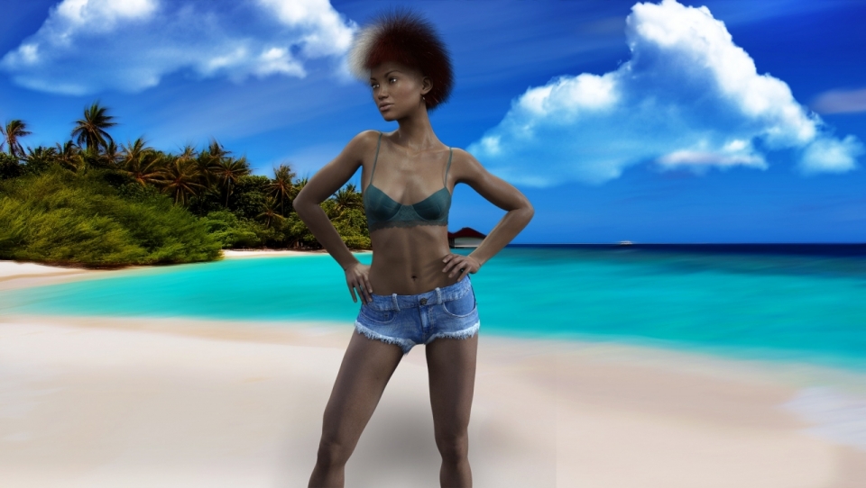 海边沙滩晒太阳的比基尼热裤女子卡通