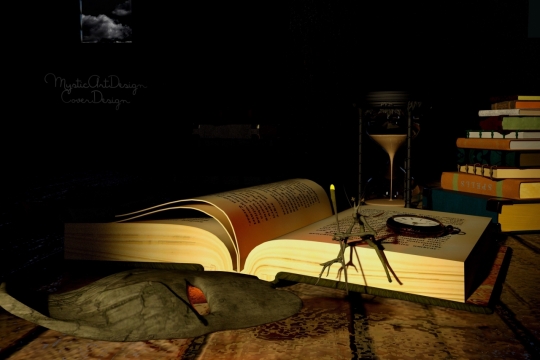 温暖灯光下打开的书本和钟表