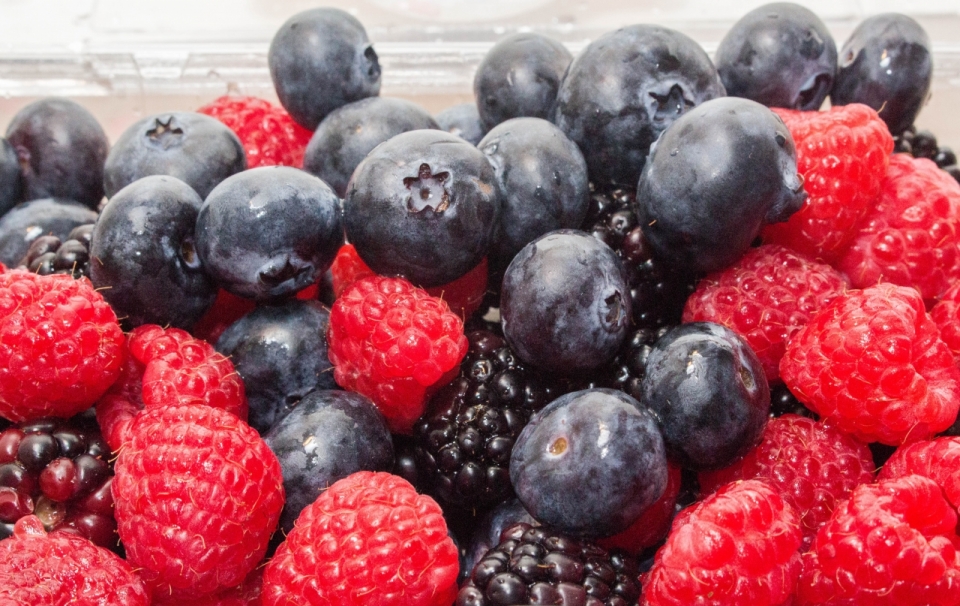 木制桌面新鲜蓝莓树莓美味水果果实