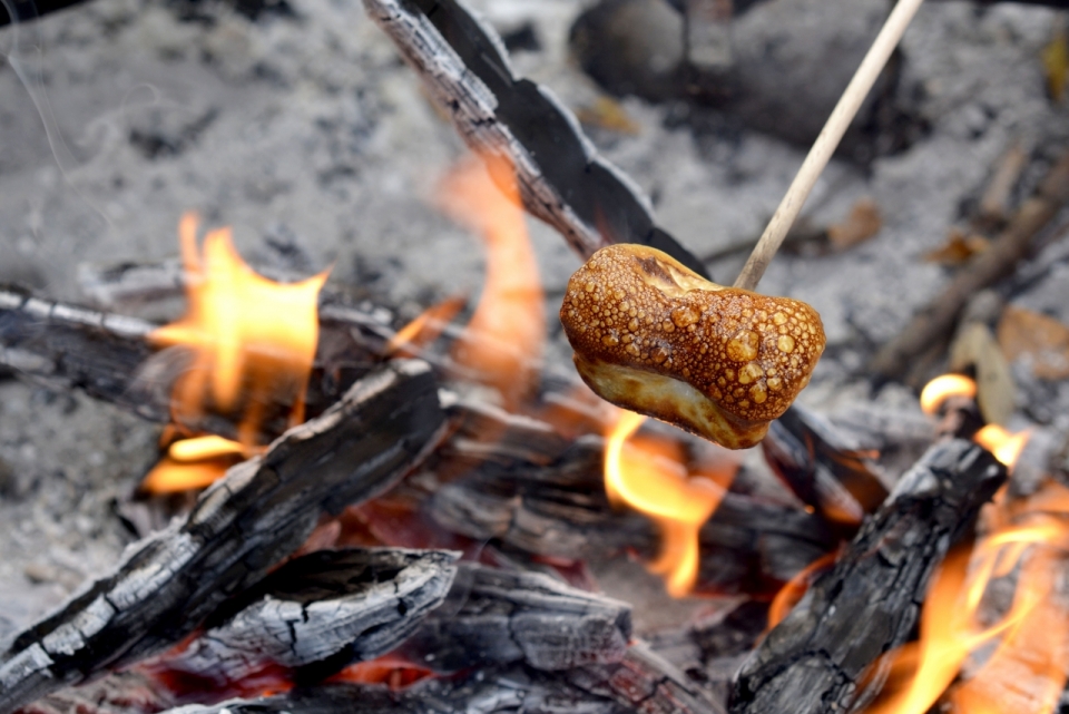 正在火堆上烘烤的焦糖面包美食摄影