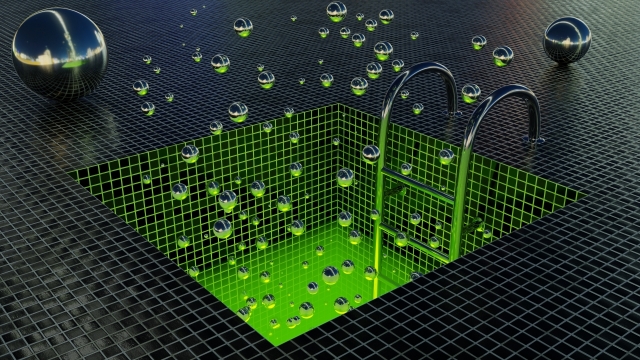 黑色瓷砖地面创意金属球炫光摆拍