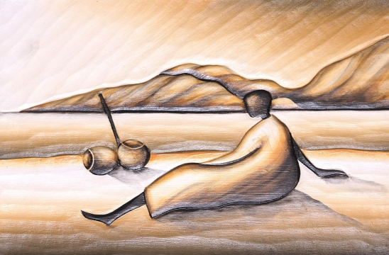 一个人面对着空罐子坐在沙漠中