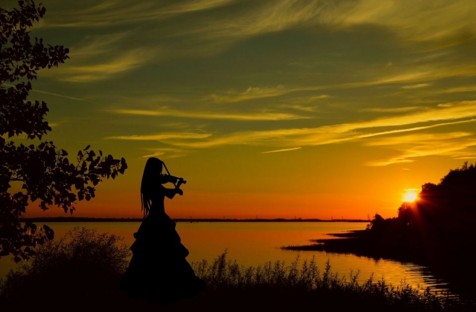 金色夕阳湖泊丛林小提琴演奏人影
