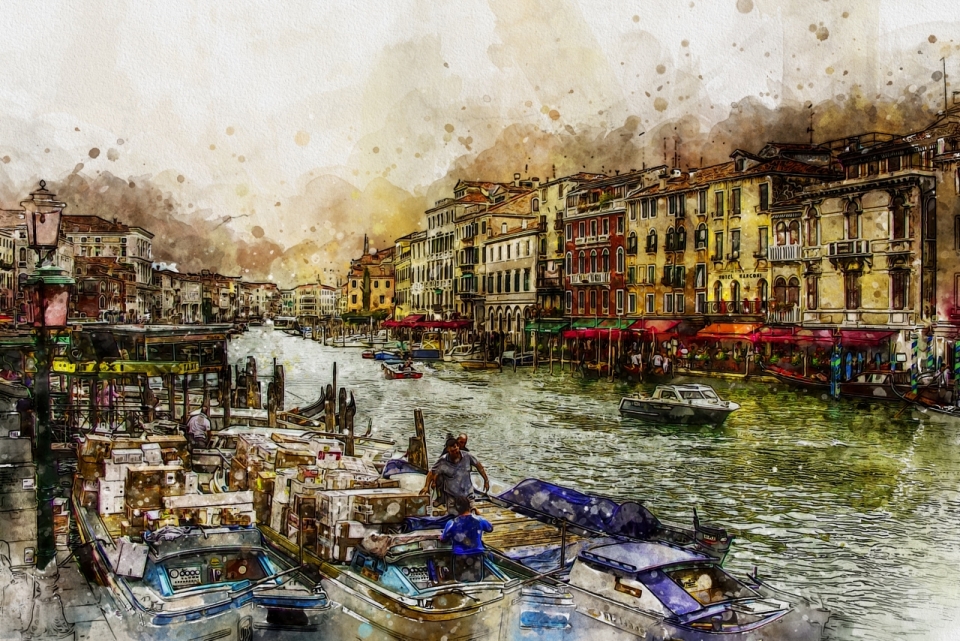 威尼斯水道市场精美油画
