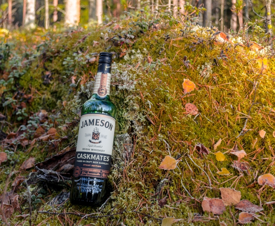 绿色草坪上威士忌酒瓶的静物摄影