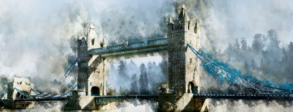 英国伦敦桥创意魔幻配色手绘