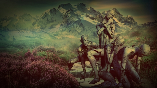 雪山背景红色花朵旁的恐怖雕像