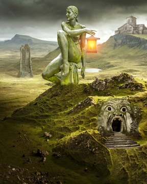 奇幻幻想郊外洞窟提灯女性石质巨大雕像