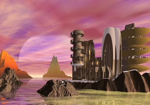 夕阳下海洋美景和建筑设计3D立体设计图