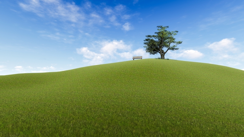 蓝色天空绿色山坡自然树木长椅