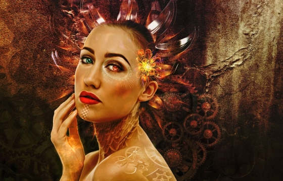 昏暗背景奇幻合成特效异色瞳女性