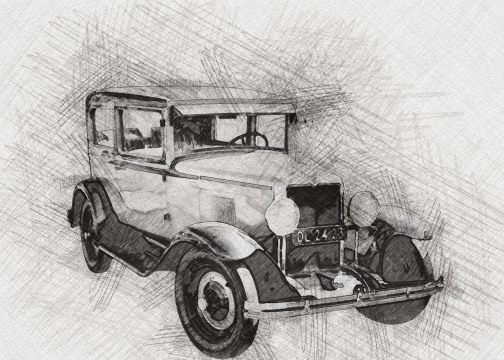 双人老爷车素描精致手绘设计