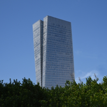 晴天城市树林中现代高楼大厦建筑