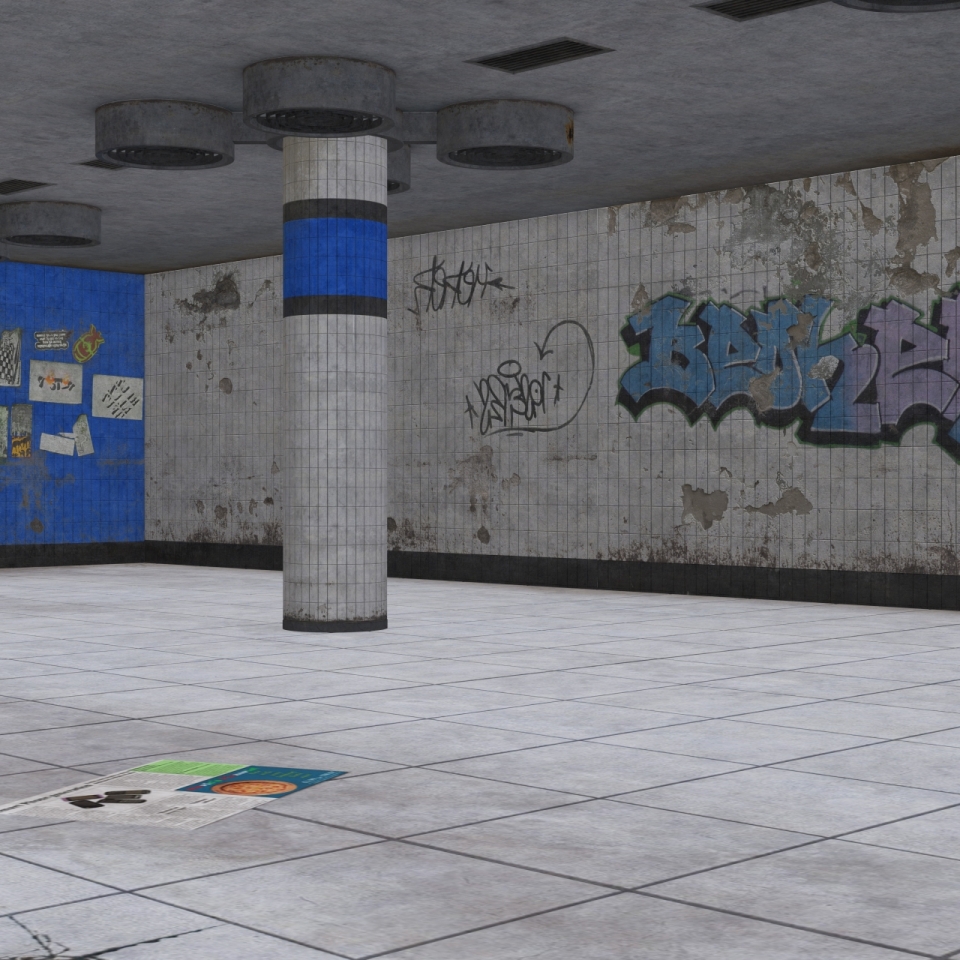 空旷地下商场墙上杂乱涂鸦和石头柱子