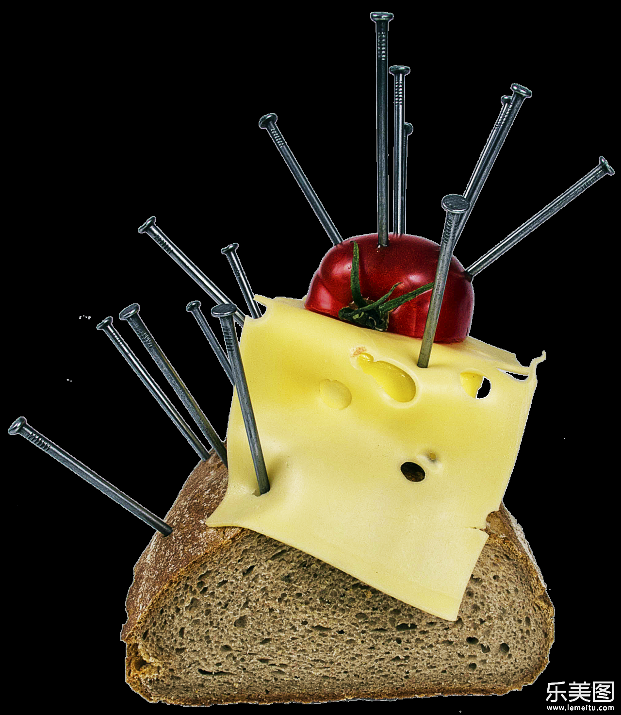白色背景插满钉子的面包和奶酪美食摄影