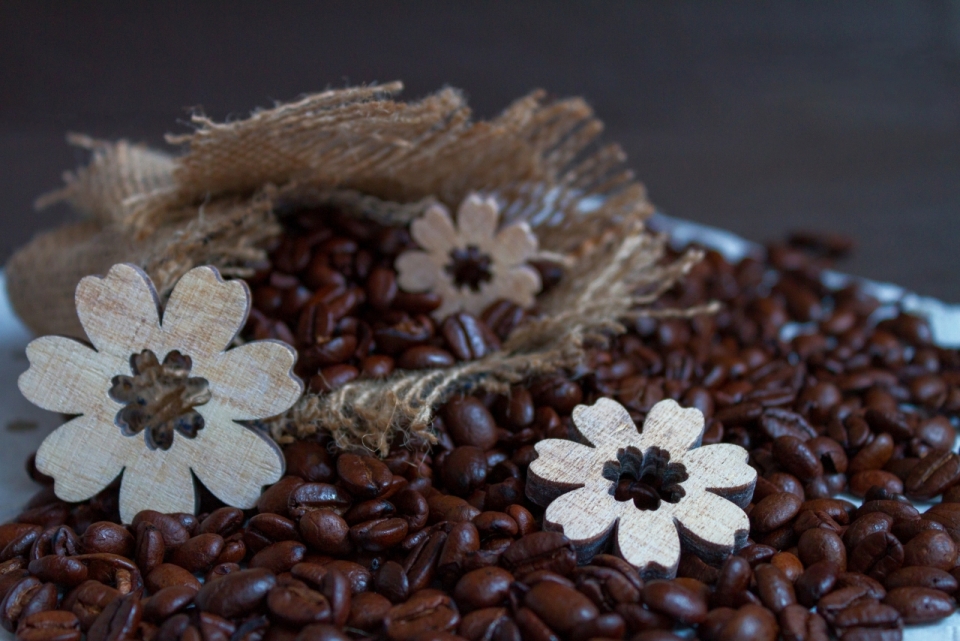 室内桌面新鲜美味咖啡豆间木制花朵装饰