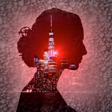 女性侧面剪影合成夜晚红色灯光现代城市