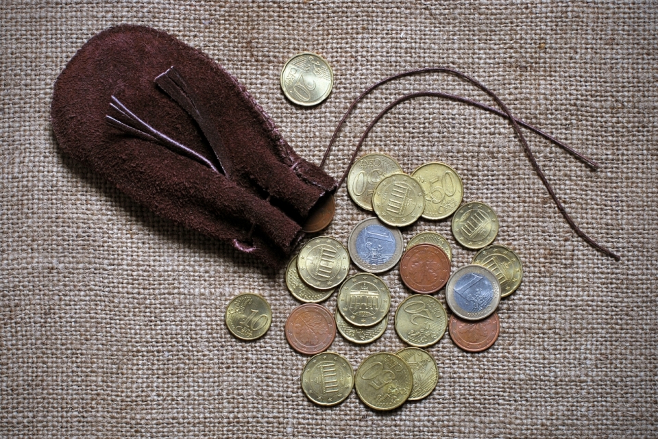 布料上褐色钱袋中硬币摄影