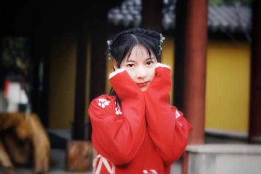 冬季汉服托腮美少女