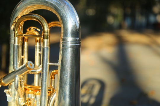 微距摄影_阳光下的铜管大号一角