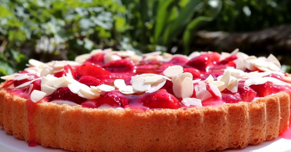 阳光户外白色桌面新鲜美味草莓塔甜点