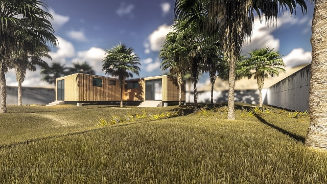 蓝天白云阳光照耀下草地树木和房屋