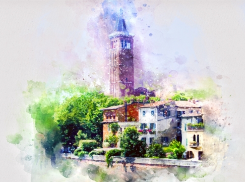 建筑绿化植物外景水彩画